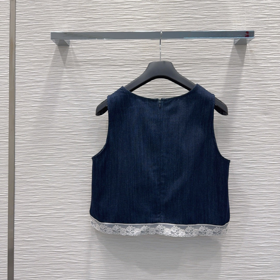CD Denim Co-ord Set – Midnight-Indigo Blue Cotton Denim Sleeveless Crop Top and Lace-Trimmed Pleated A-Line Shorts