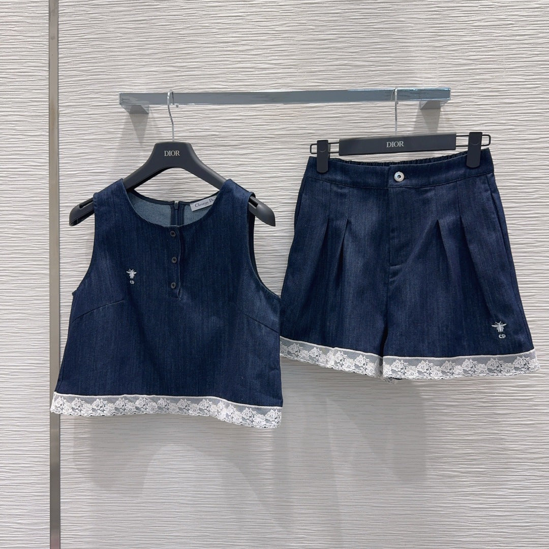 CD Denim Co-ord Set – Midnight-Indigo Blue Cotton Denim Sleeveless Crop Top and Lace-Trimmed Pleated A-Line Shorts