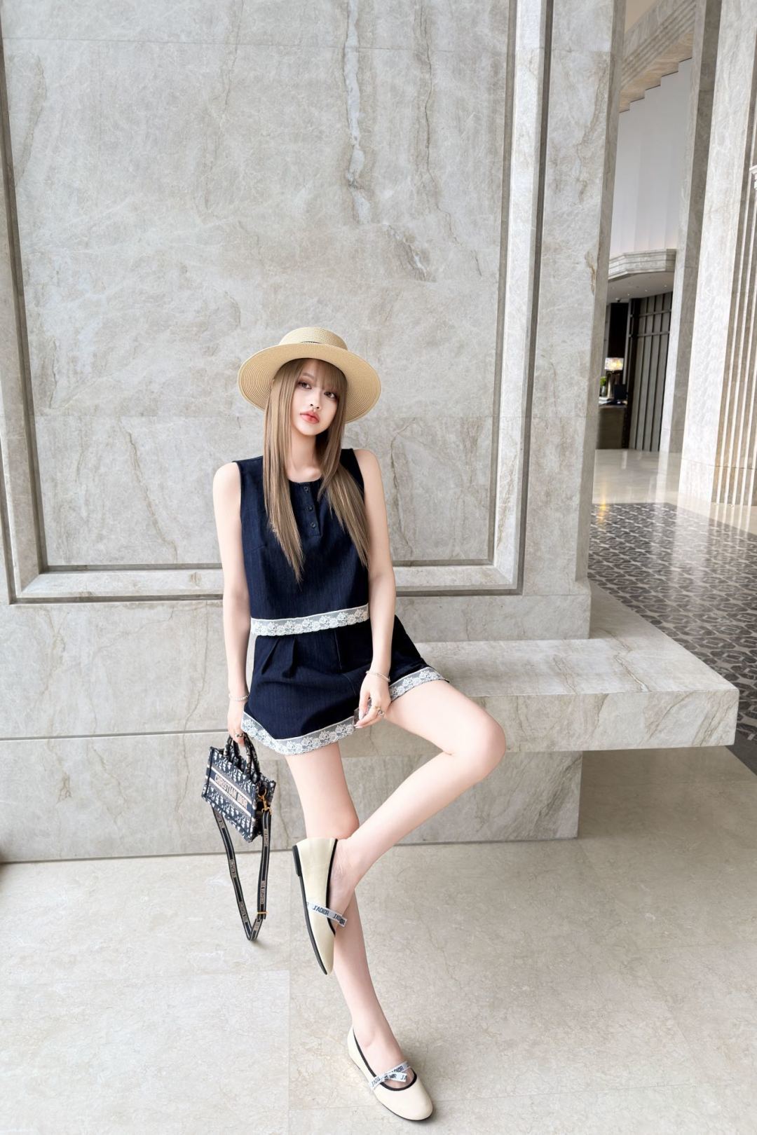CD Denim Co-ord Set – Midnight-Indigo Blue Cotton Denim Sleeveless Crop Top and Lace-Trimmed Pleated A-Line Shorts
