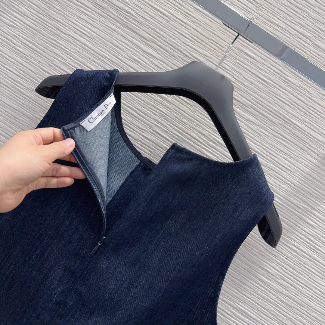 CD Denim Co-ord Set – Midnight-Indigo Blue Cotton Denim Sleeveless Crop Top and Lace-Trimmed Pleated A-Line Shorts