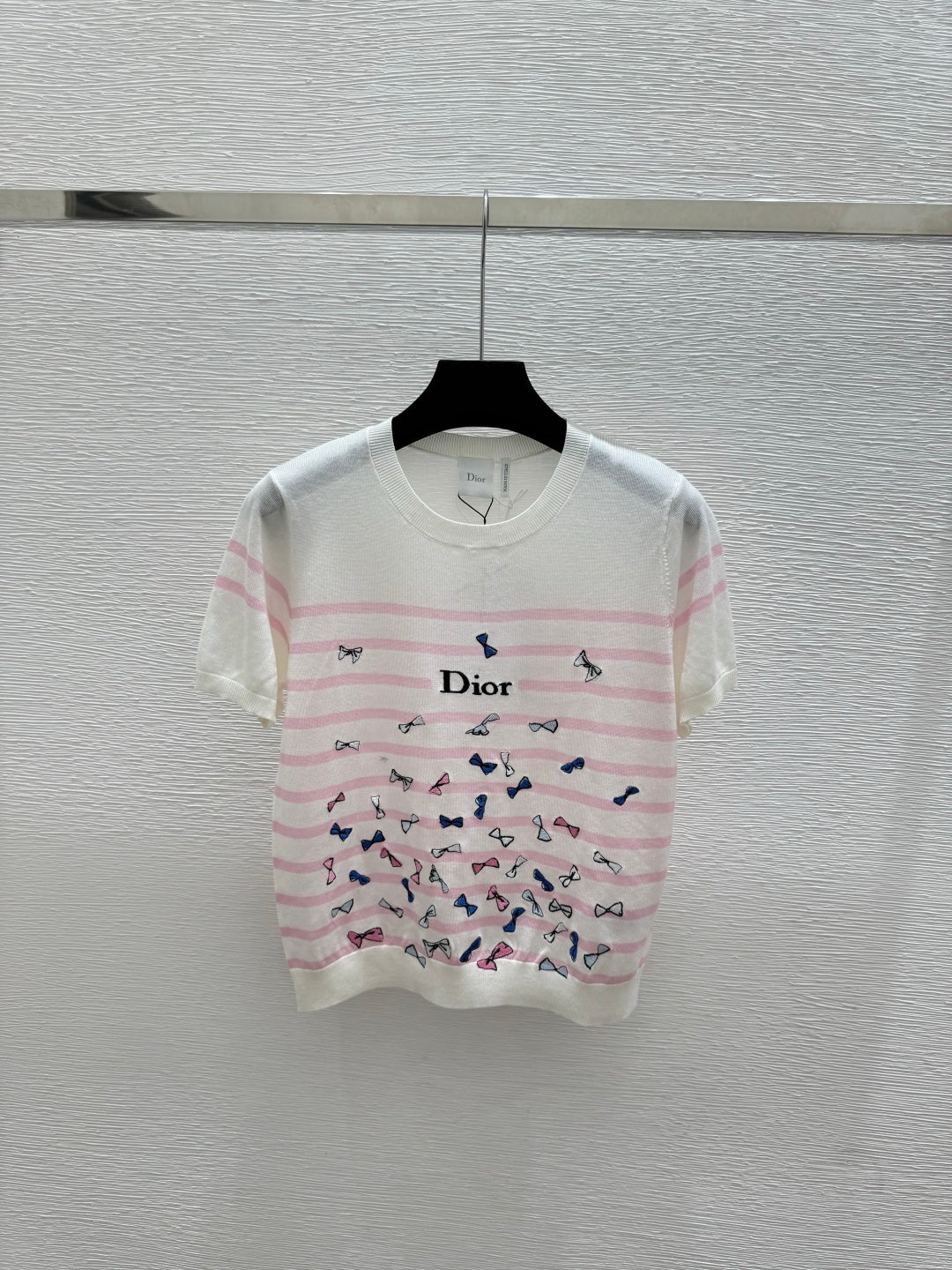 Bow-Embroidered Striped Short-Sleeved Sweater – Off-White High-Gauge Silk-Cotton Knit Top