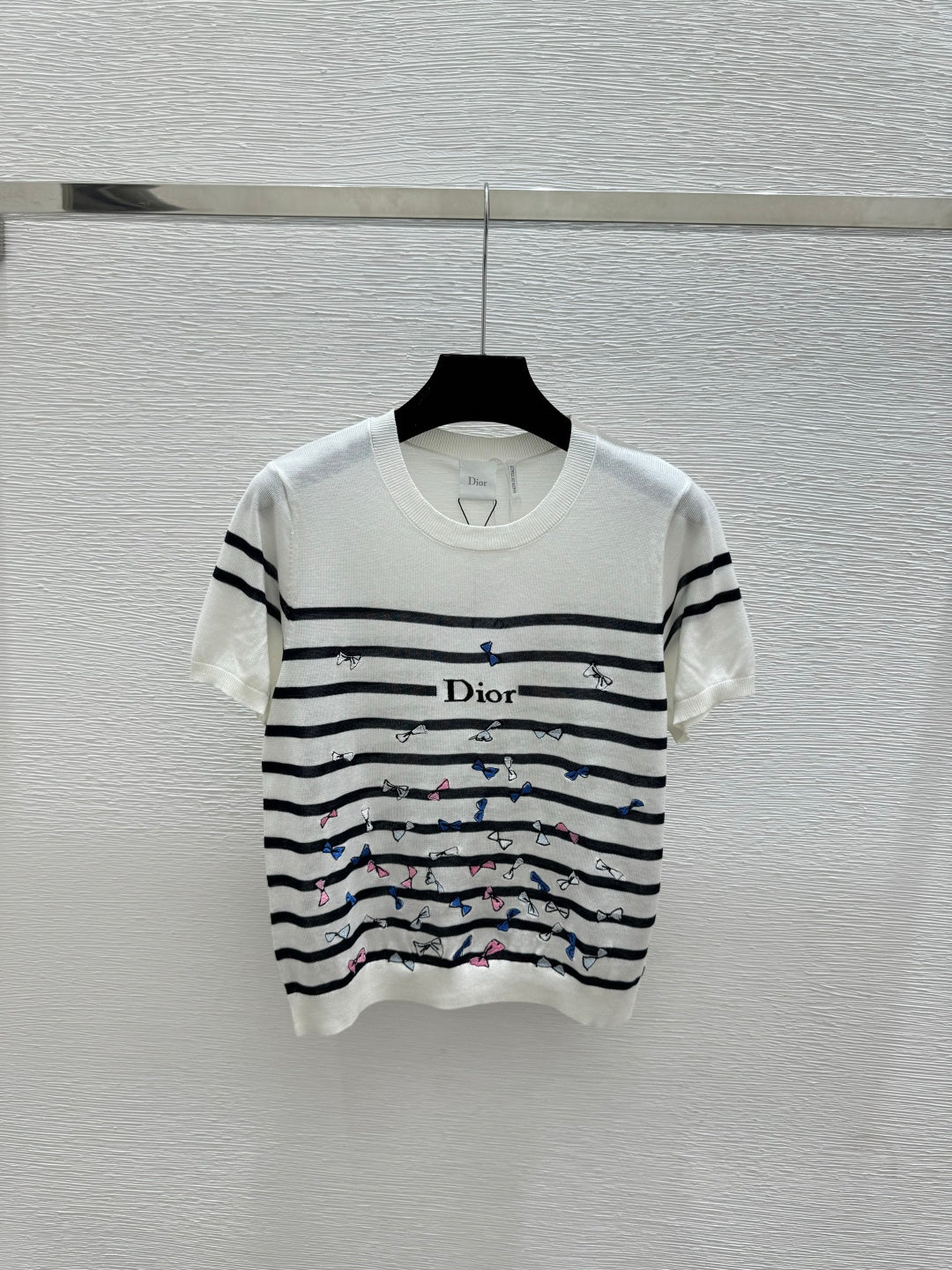 Bow-Embroidered Striped Short-Sleeved Sweater – Off-White High-Gauge Silk-Cotton Knit Top