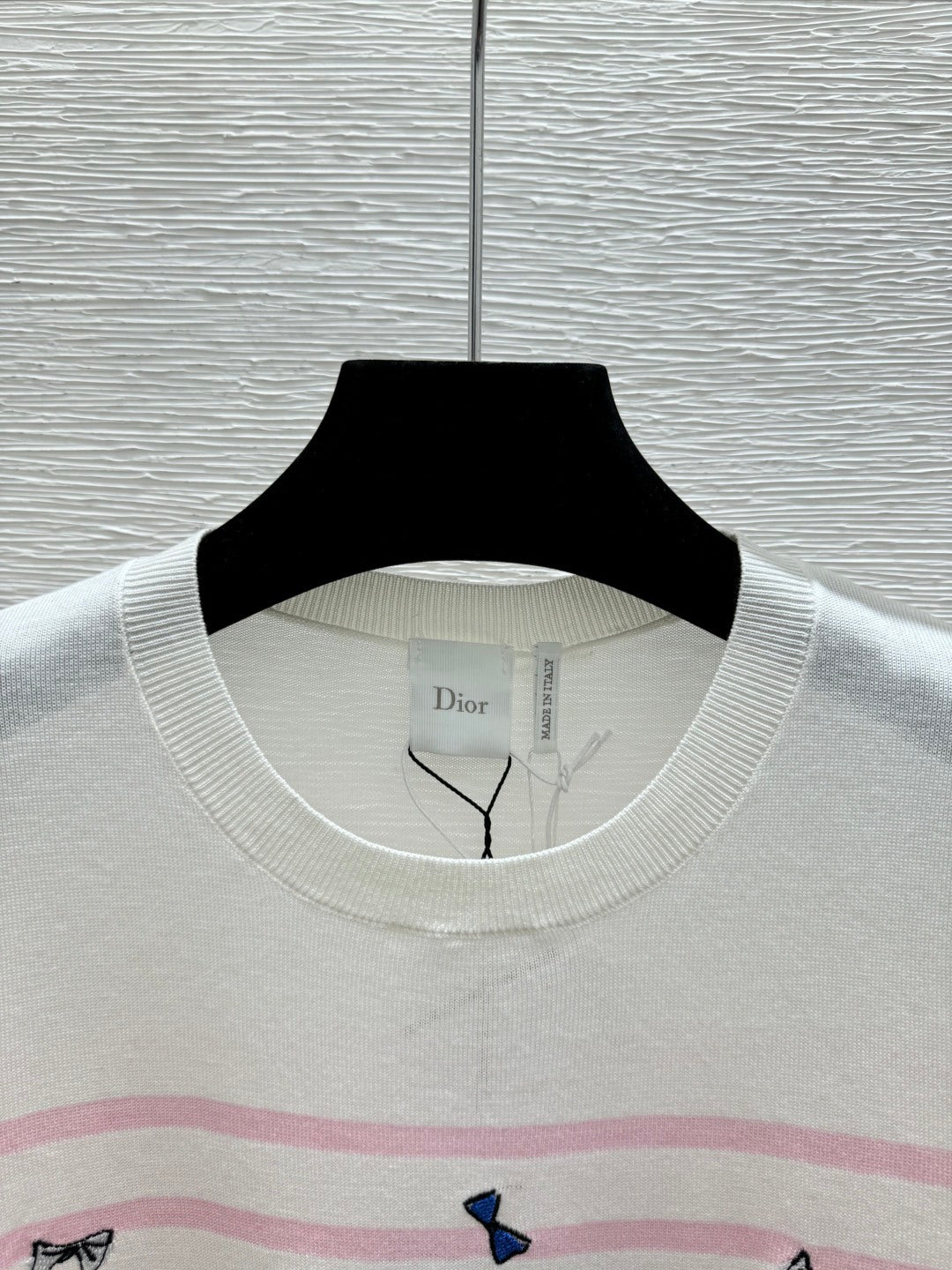 Bow-Embroidered Striped Short-Sleeved Sweater – Off-White High-Gauge Silk-Cotton Knit Top