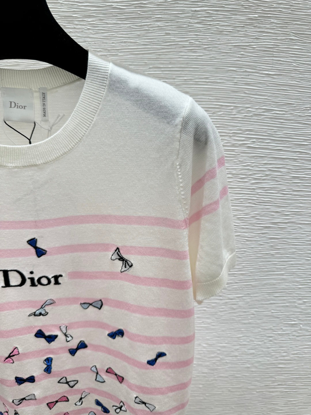 Bow-Embroidered Striped Short-Sleeved Sweater – Off-White High-Gauge Silk-Cotton Knit Top