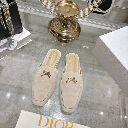 CD Boy "Baby Bow" Mules – Rope Beige Velvet Goatskin Suede with Gold-Finish Charm