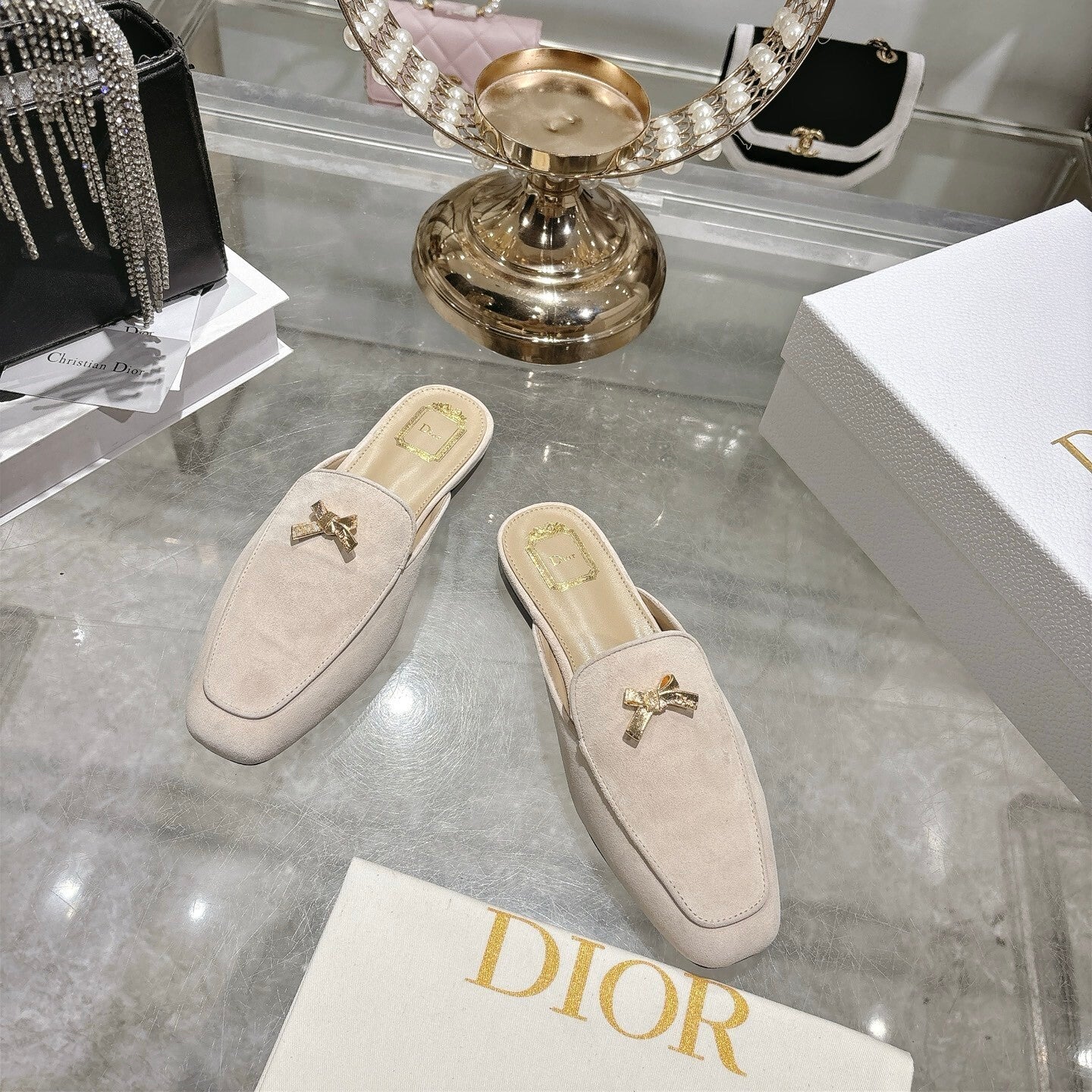 CD Boy "Baby Bow" Mules – Rope Beige Velvet Goatskin Suede with Gold-Finish Charm
