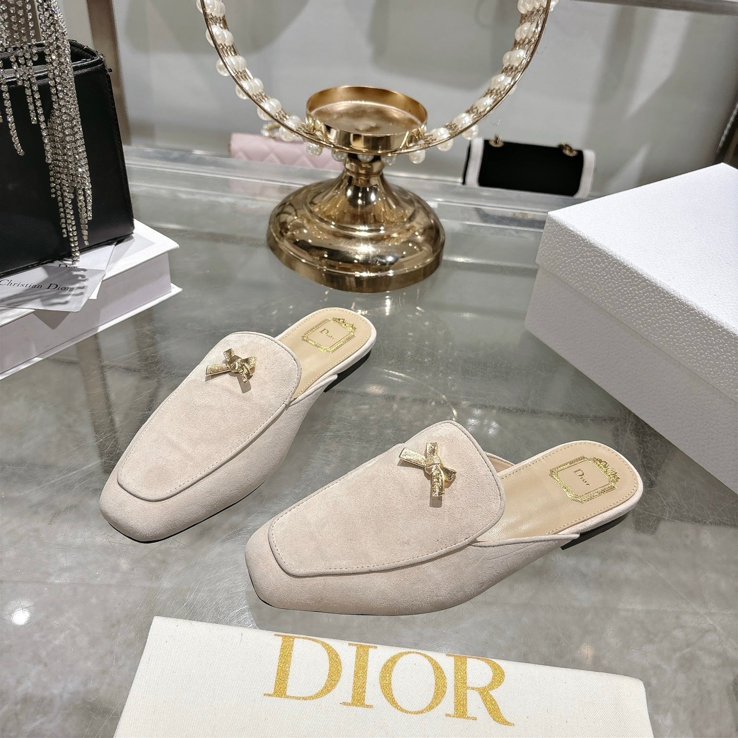 CD Boy "Baby Bow" Mules – Rope Beige Velvet Goatskin Suede with Gold-Finish Charm