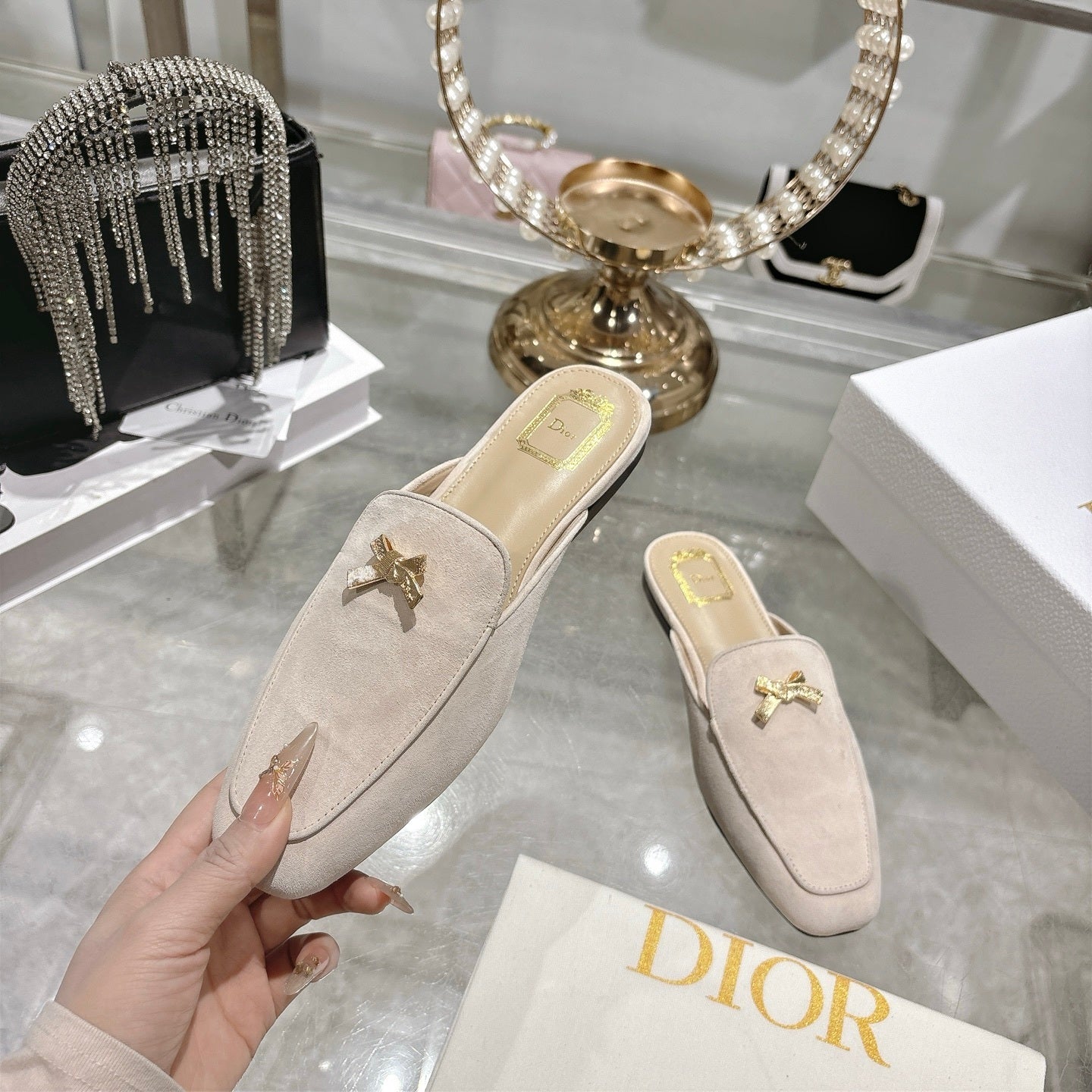 CD Boy "Baby Bow" Mules – Rope Beige Velvet Goatskin Suede with Gold-Finish Charm