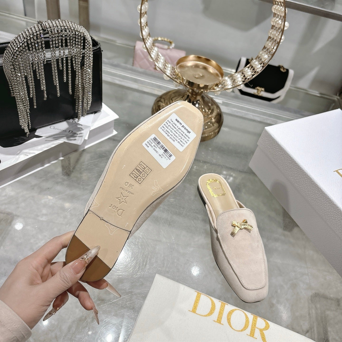 CD Boy "Baby Bow" Mules – Rope Beige Velvet Goatskin Suede with Gold-Finish Charm