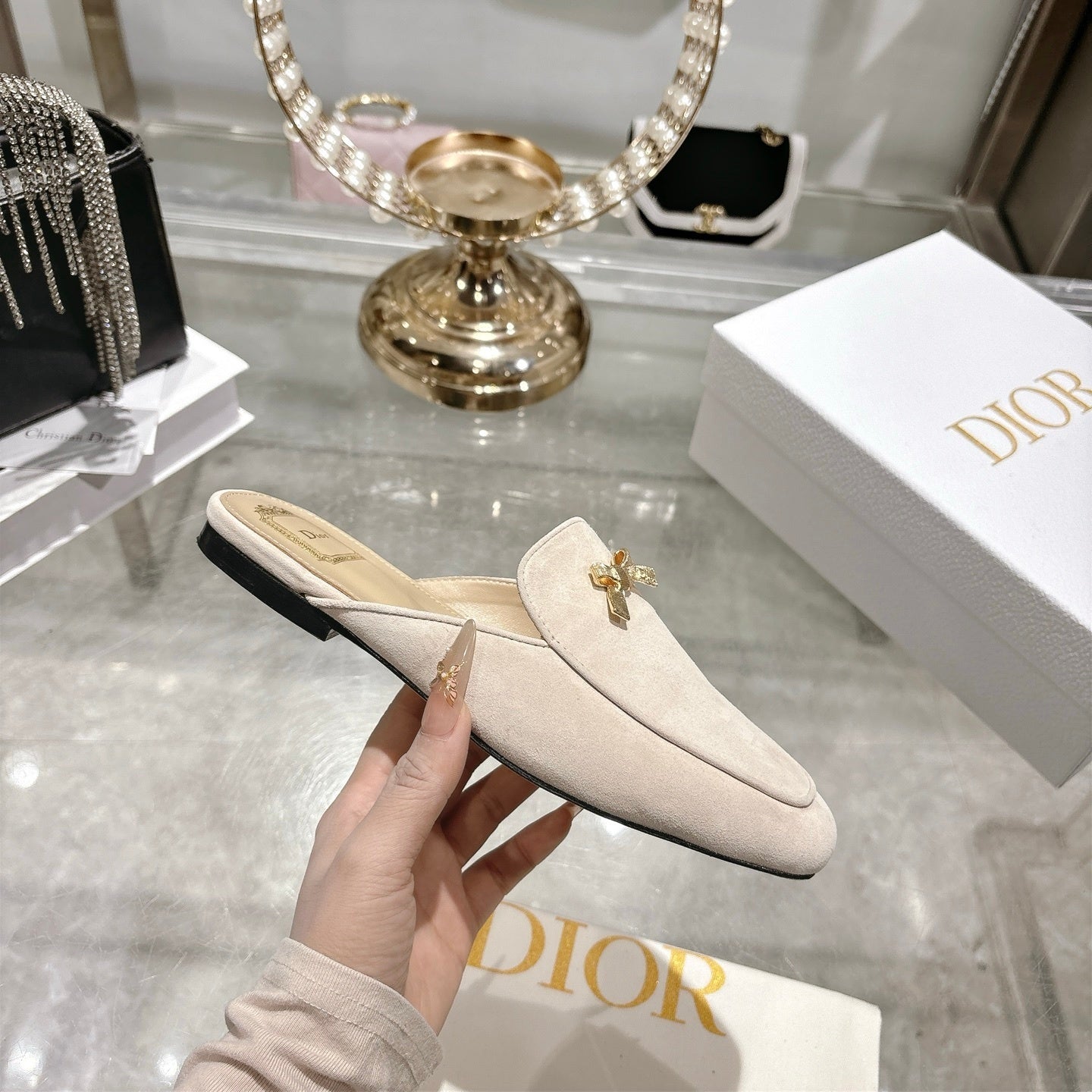 CD Boy "Baby Bow" Mules – Rope Beige Velvet Goatskin Suede with Gold-Finish Charm