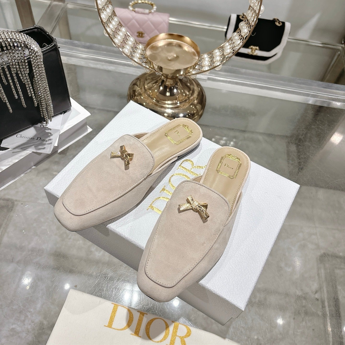 CD Boy "Baby Bow" Mules – Rope Beige Velvet Goatskin Suede with Gold-Finish Charm
