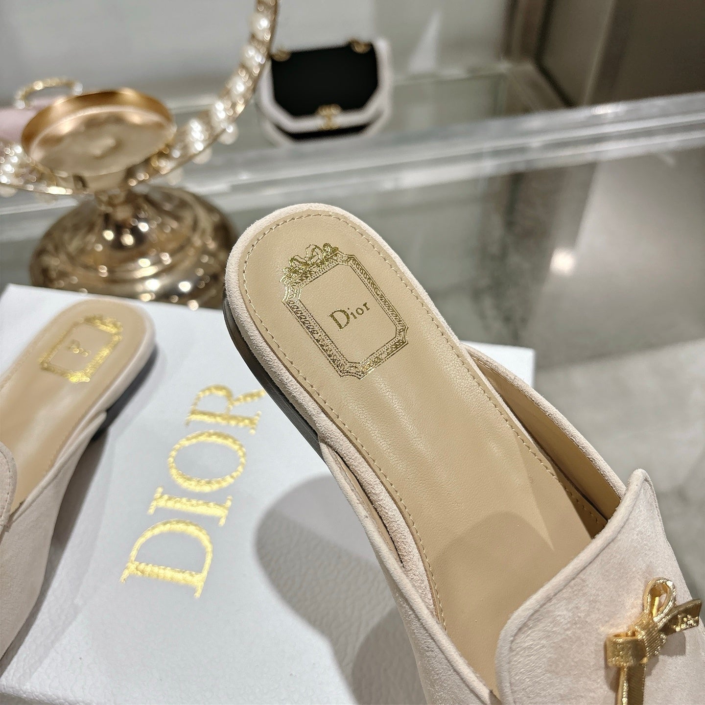 CD Boy "Baby Bow" Mules – Rope Beige Velvet Goatskin Suede with Gold-Finish Charm
