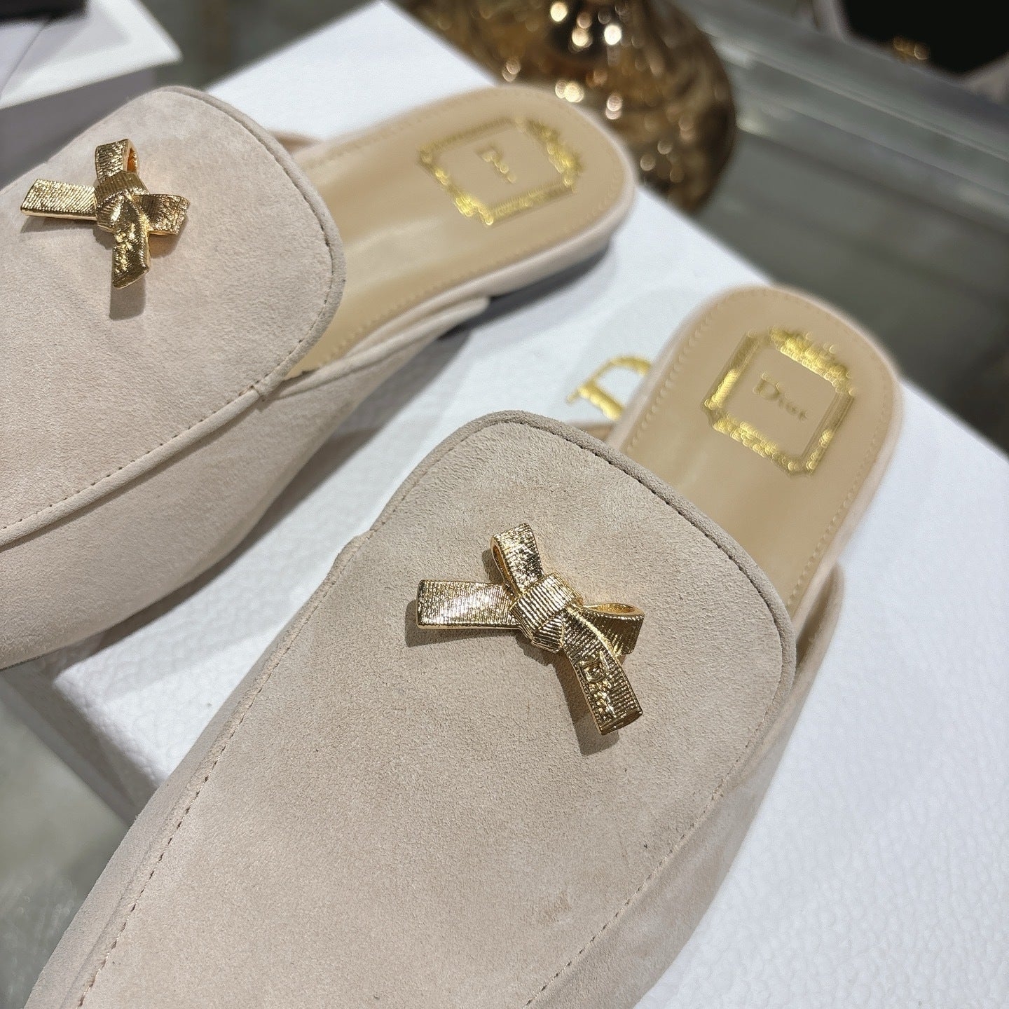 CD Boy "Baby Bow" Mules – Rope Beige Velvet Goatskin Suede with Gold-Finish Charm