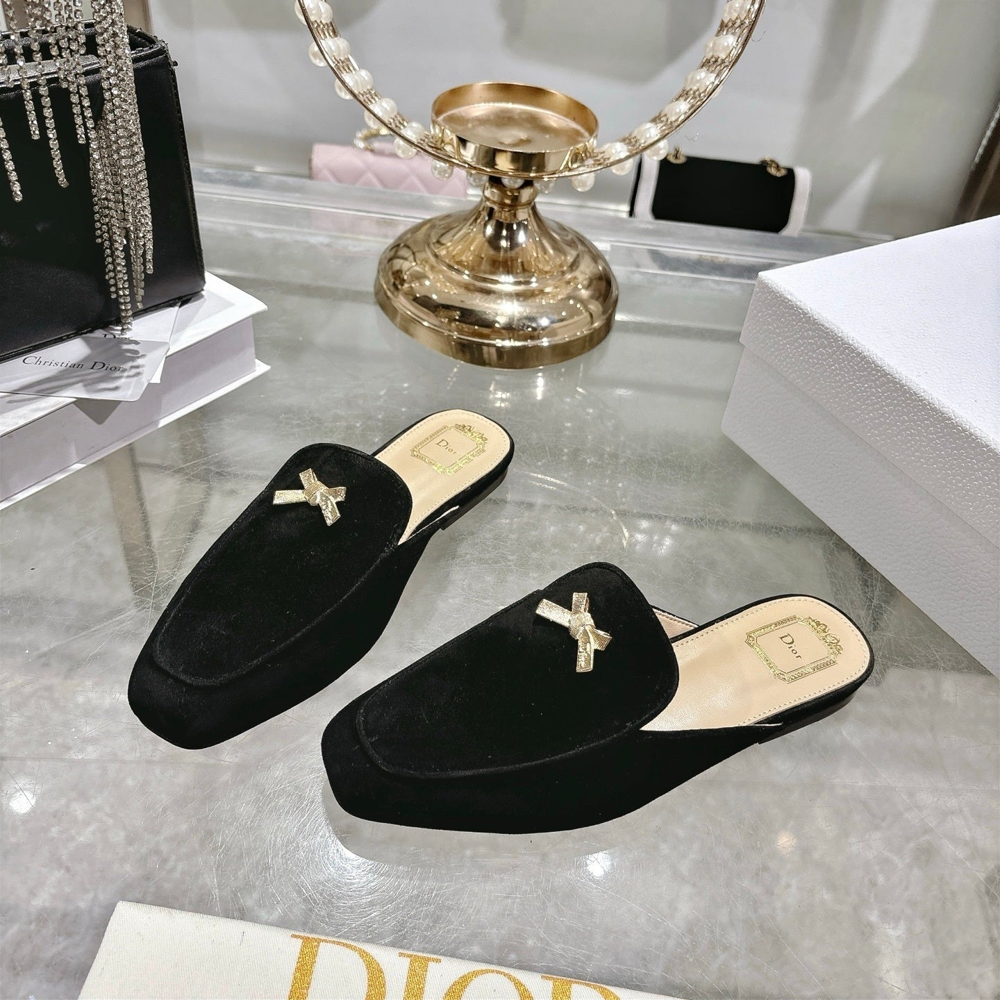 CD Boy "Baby Bow" Mules – Black Velvet-Suede with Gold-Finish Bow Charm