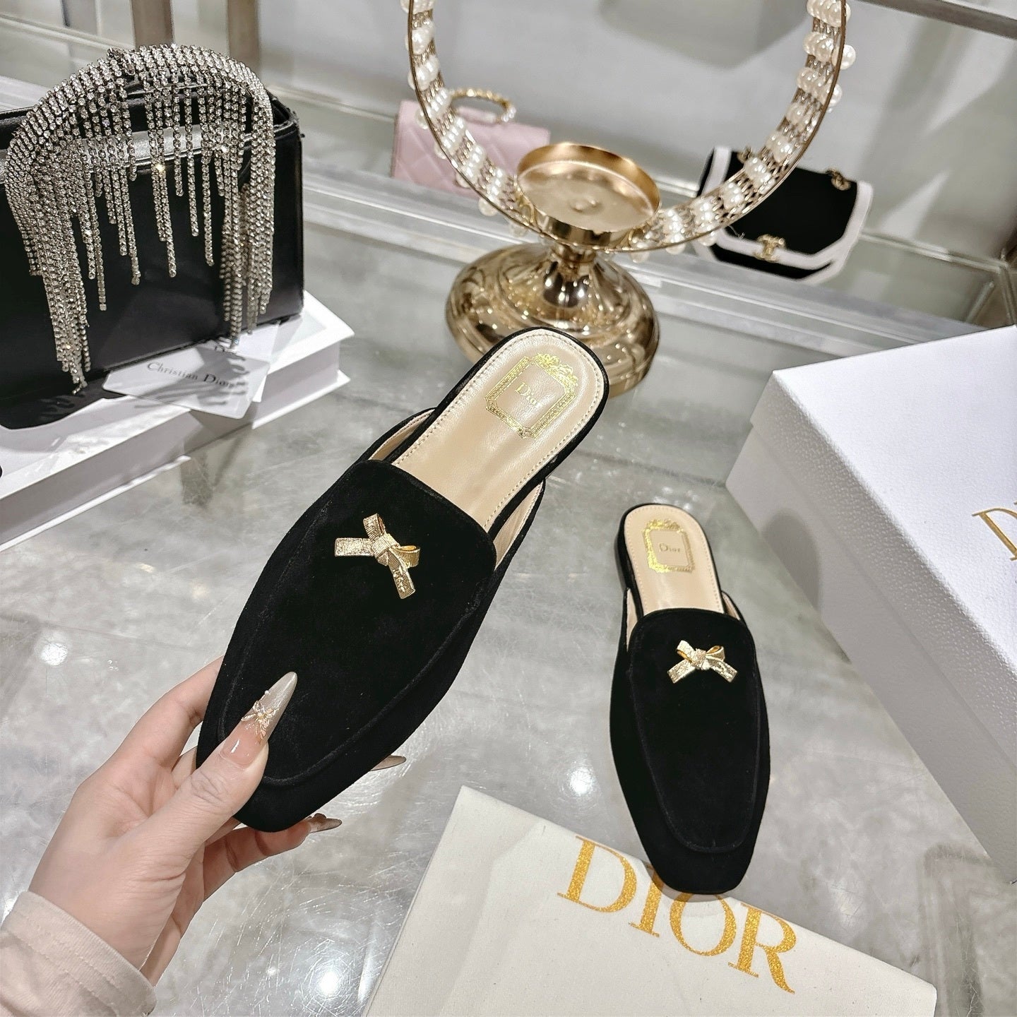 CD Boy "Baby Bow" Mules – Black Velvet-Suede with Gold-Finish Bow Charm