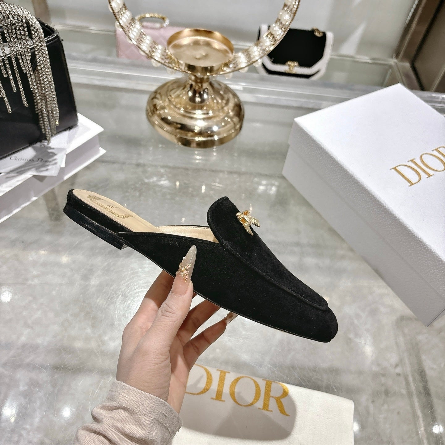 CD Boy "Baby Bow" Mules – Black Velvet-Suede with Gold-Finish Bow Charm