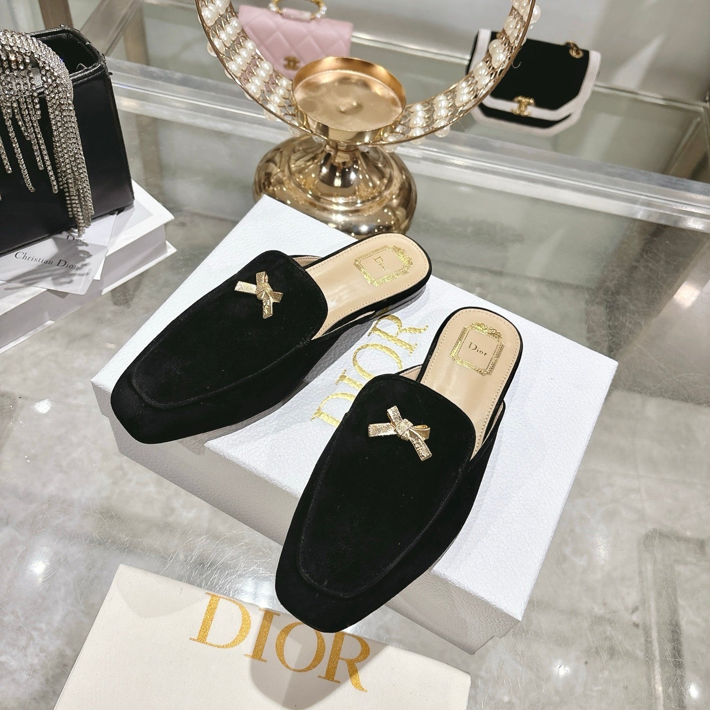 CD Boy "Baby Bow" Mules – Black Velvet-Suede with Gold-Finish Bow Charm