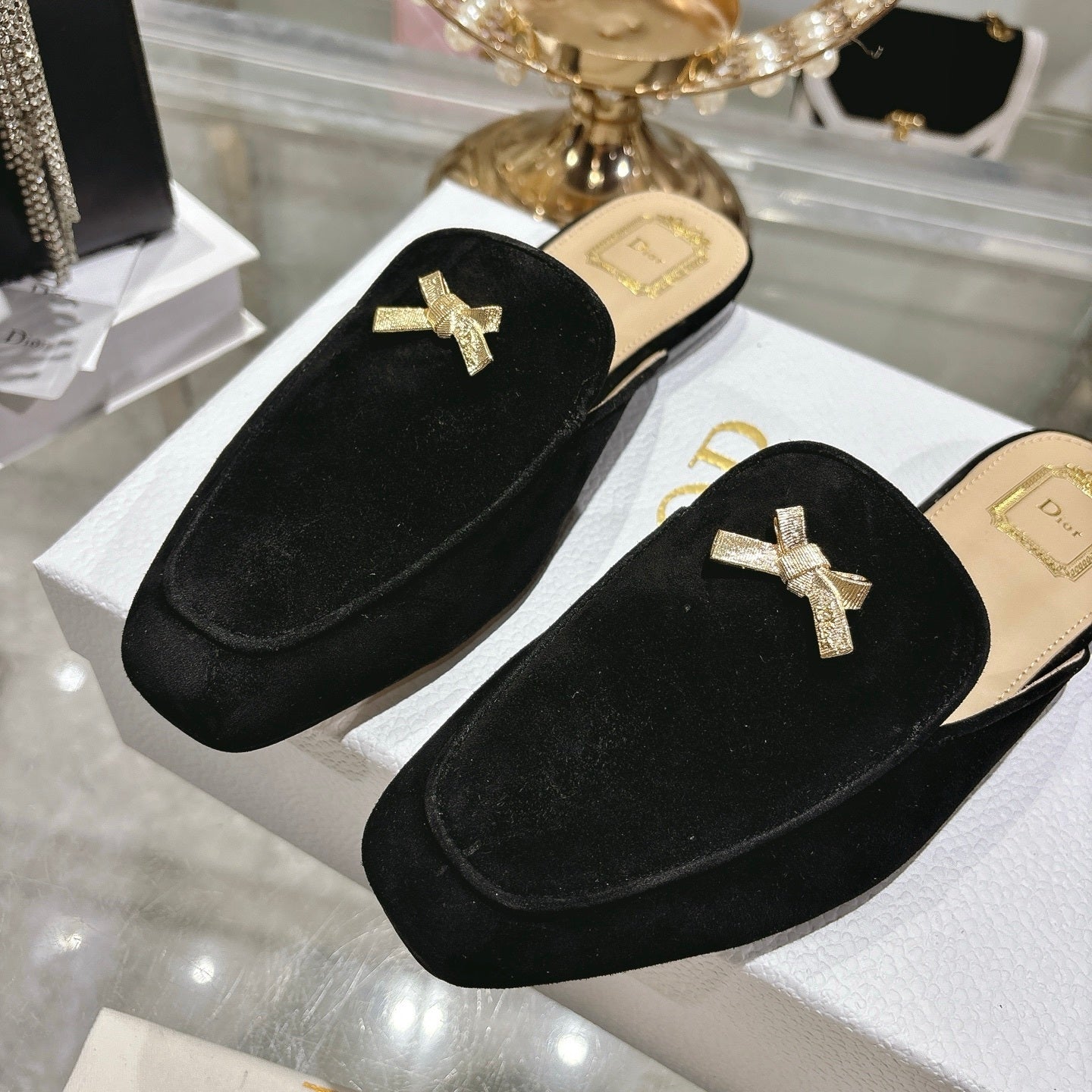 CD Boy "Baby Bow" Mules – Black Velvet-Suede with Gold-Finish Bow Charm