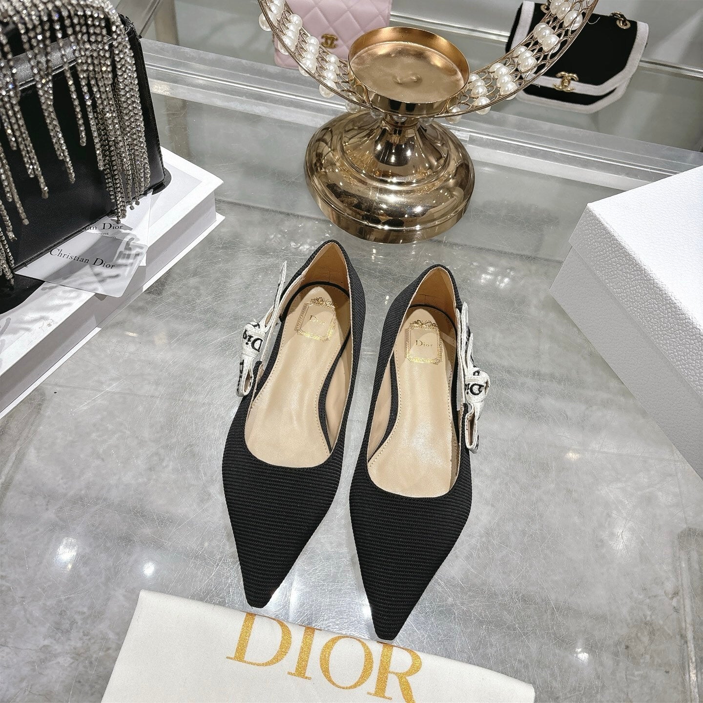 J'Adior Slingback Ballerina Flat – Obsidian Black Woven Technical Fabric with Embroidered Ribbon Strap