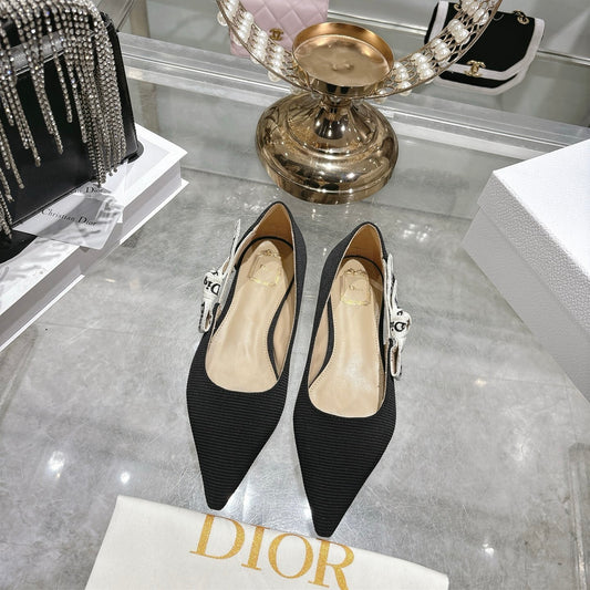 J'Adior Slingback Ballerina Flat – Obsidian Black Woven Technical Fabric with Embroidered Ribbon Strap