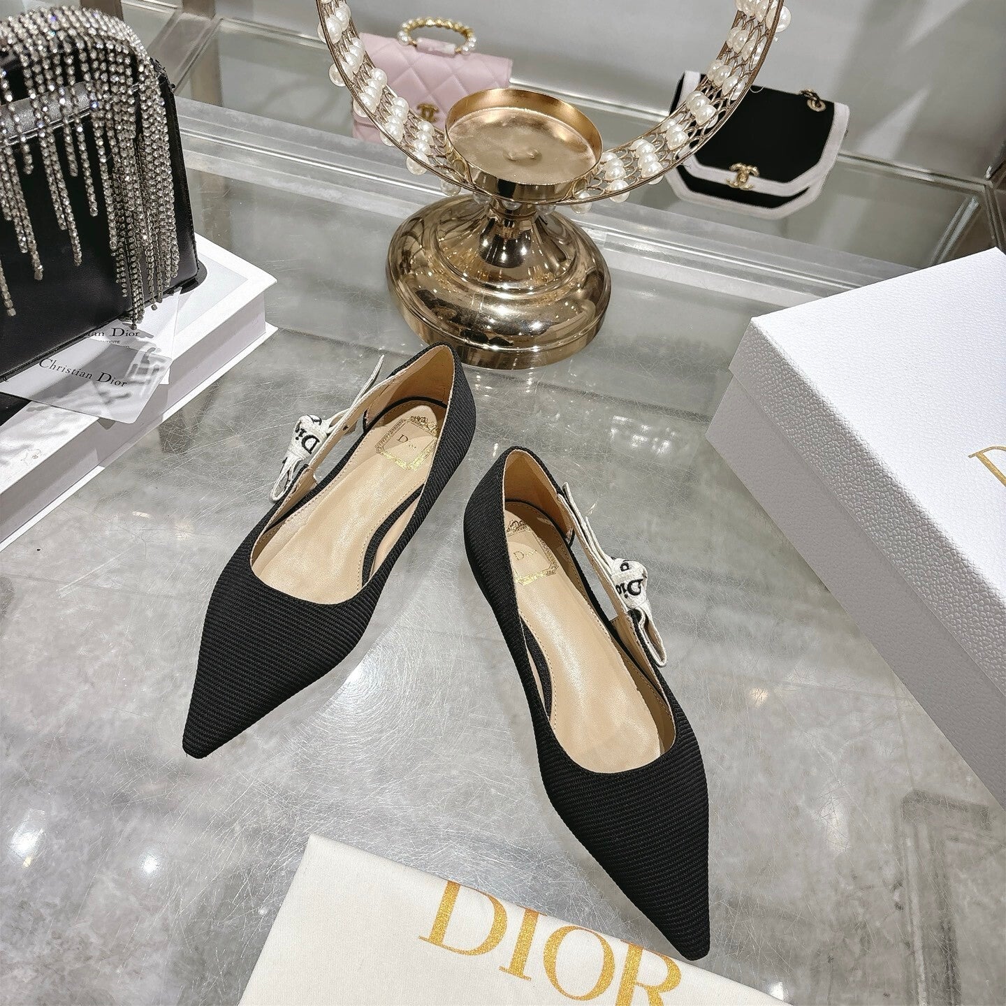 J'Adior Slingback Ballerina Flat – Obsidian Black Woven Technical Fabric with Embroidered Ribbon Strap