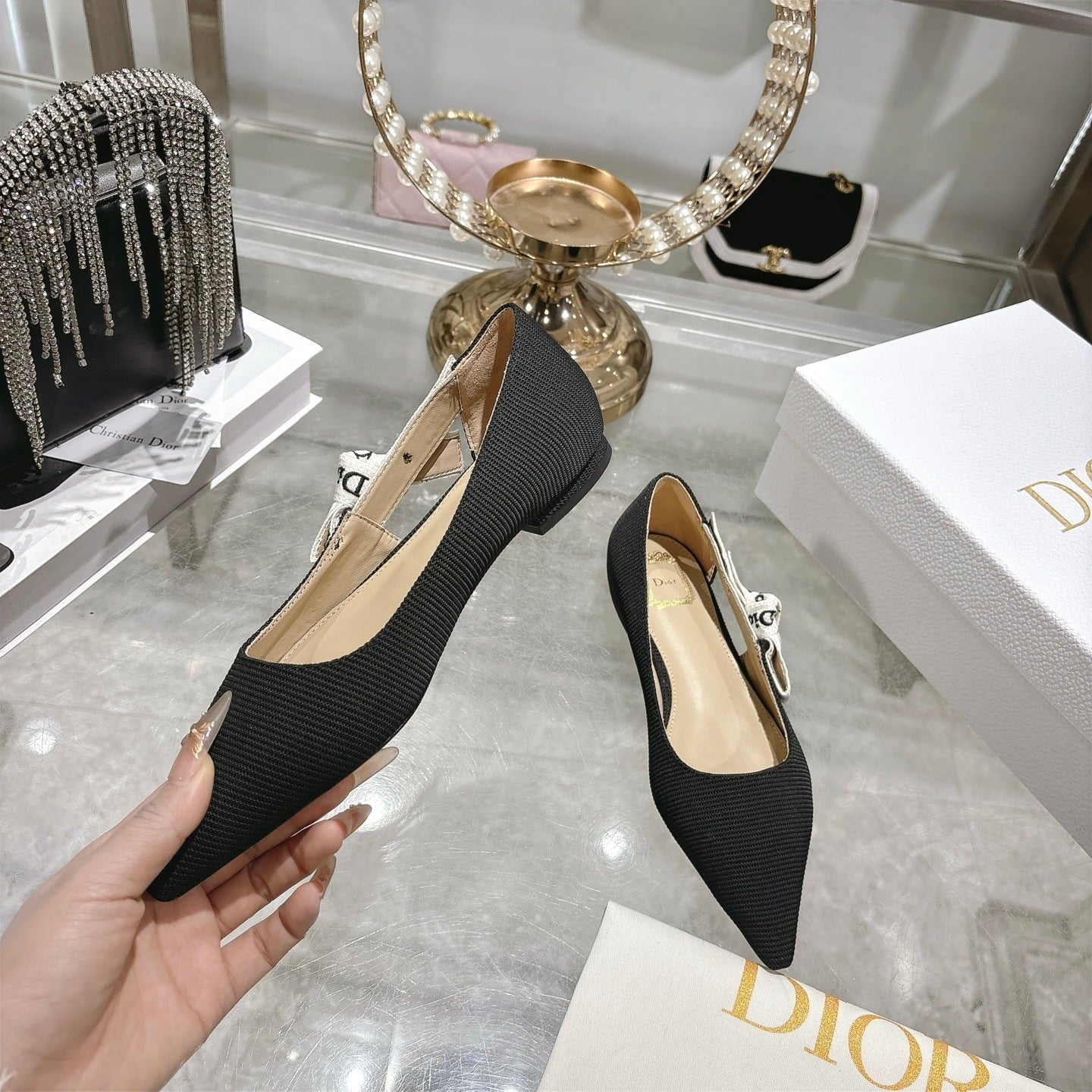 J'Adior Slingback Ballerina Flat – Obsidian Black Woven Technical Fabric with Embroidered Ribbon Strap