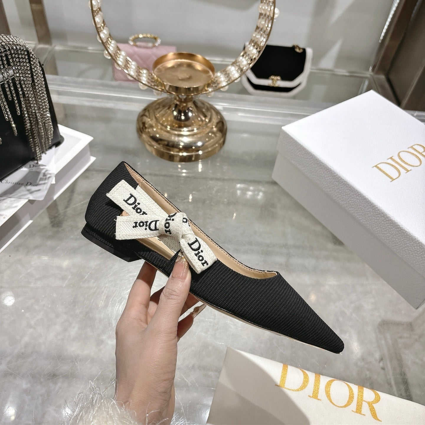 J'Adior Slingback Ballerina Flat – Obsidian Black Woven Technical Fabric with Embroidered Ribbon Strap