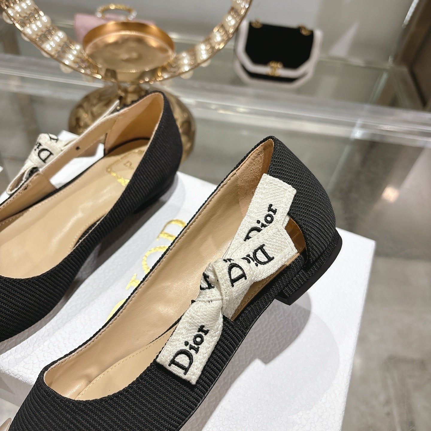 J'Adior Slingback Ballerina Flat – Obsidian Black Woven Technical Fabric with Embroidered Ribbon Strap