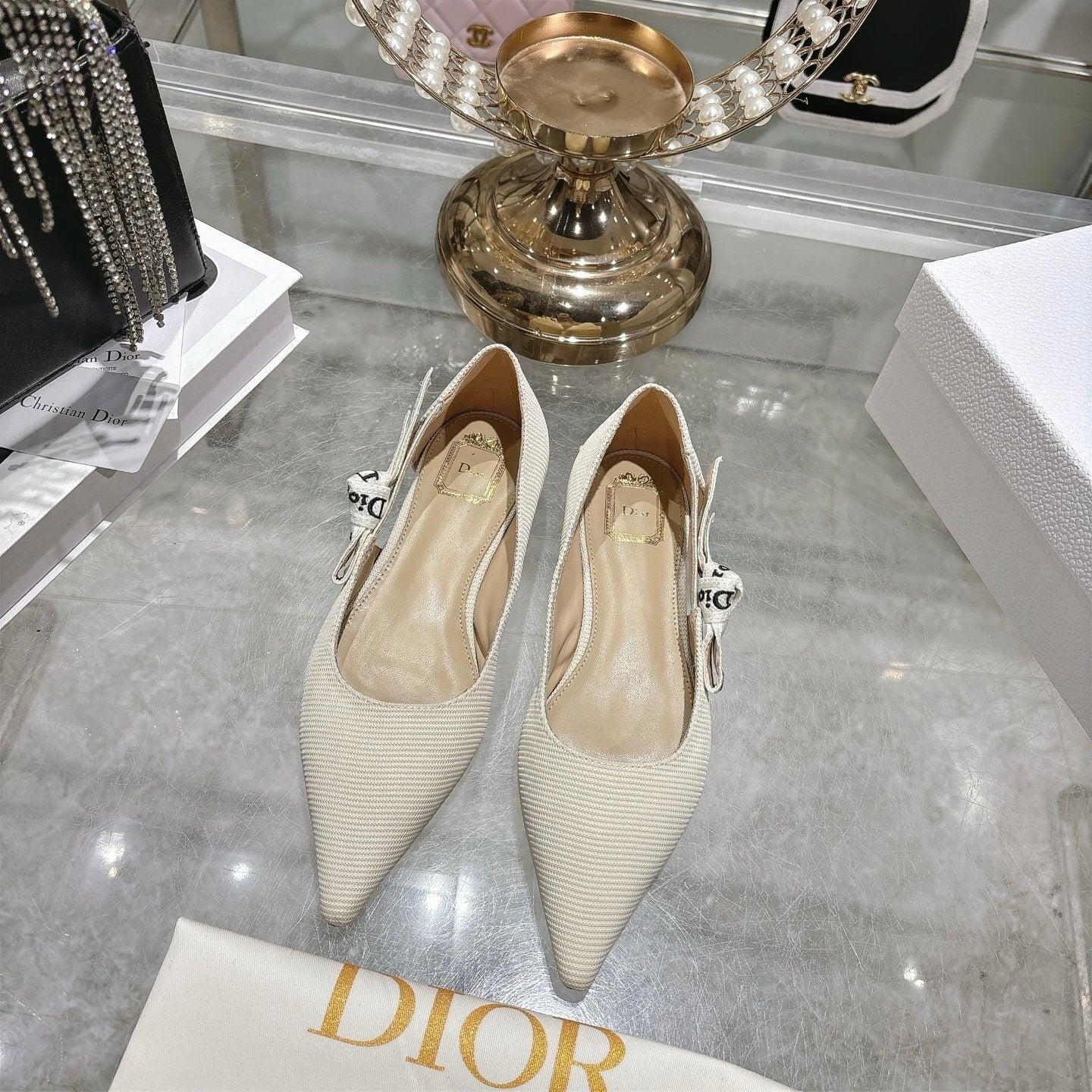 J'Adior Slingback Flat – White Embroidered Cotton with Signature Ribbon