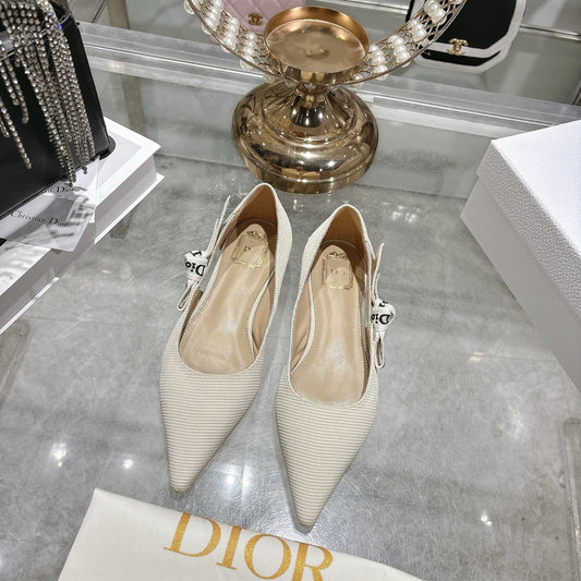 J'Adior Slingback Flat – White Embroidered Cotton with Signature Ribbon