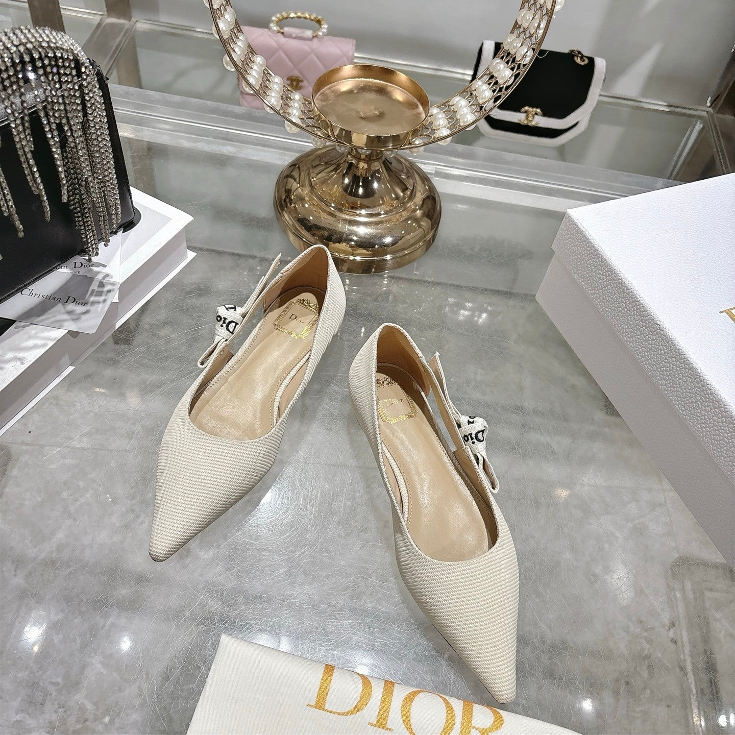 J'Adior Slingback Flat – White Embroidered Cotton with Signature Ribbon