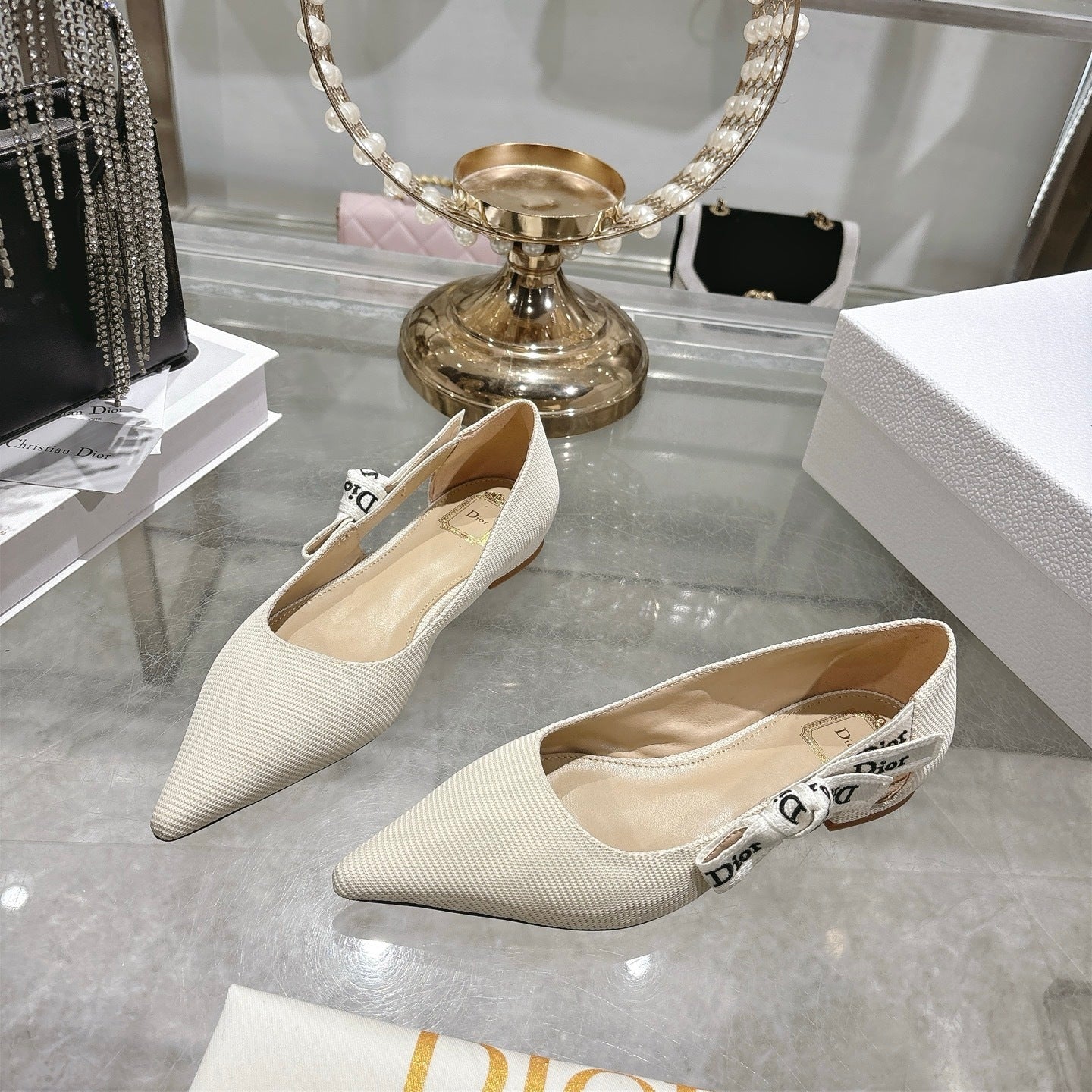 J'Adior Slingback Flat – White Embroidered Cotton with Signature Ribbon