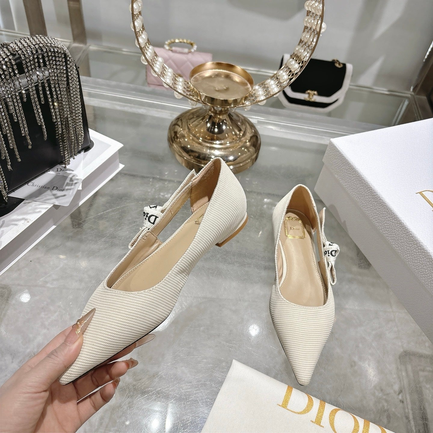 J'Adior Slingback Flat – White Embroidered Cotton with Signature Ribbon