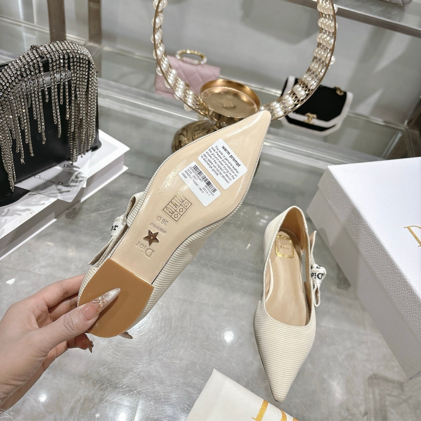 J'Adior Slingback Flat – White Embroidered Cotton with Signature Ribbon