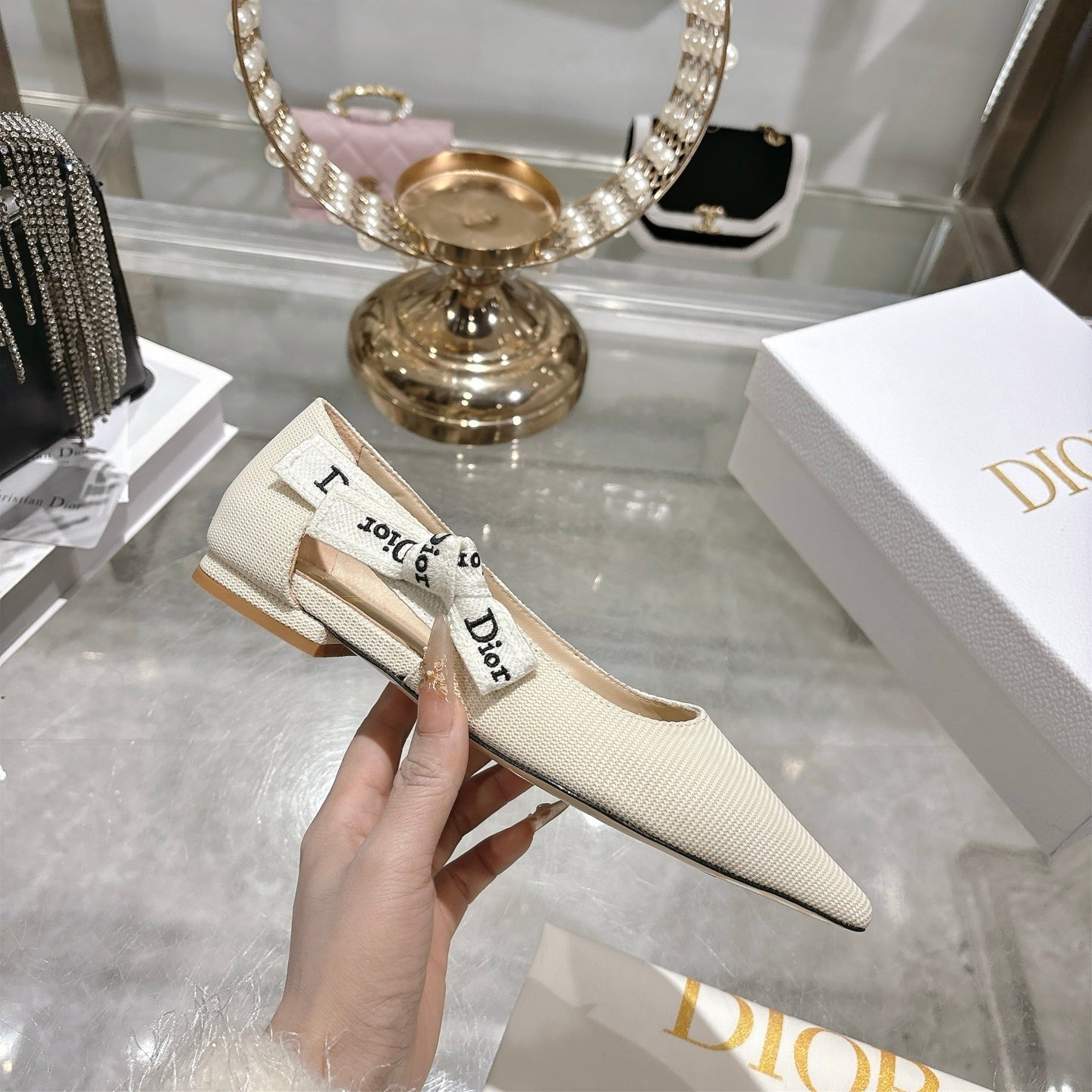 J'Adior Slingback Flat – White Embroidered Cotton with Signature Ribbon