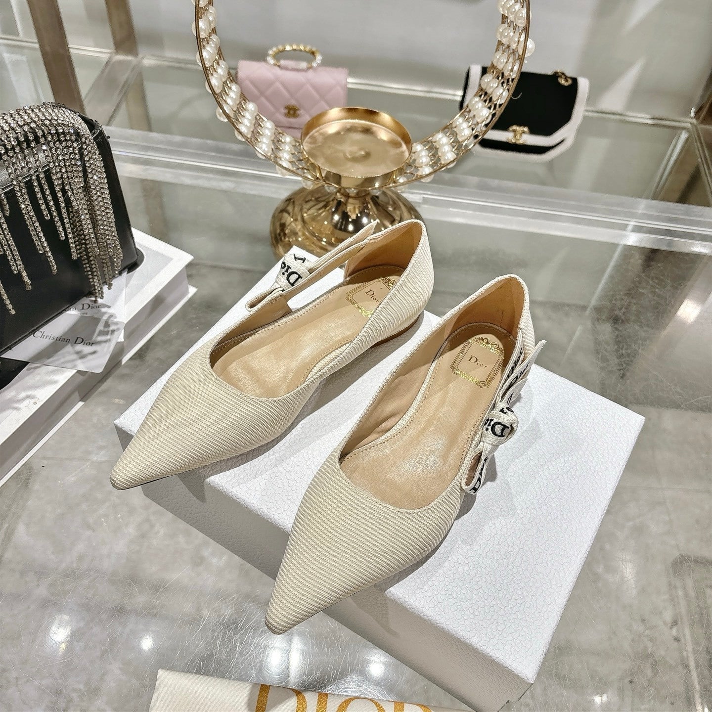 J'Adior Slingback Flat – White Embroidered Cotton with Signature Ribbon