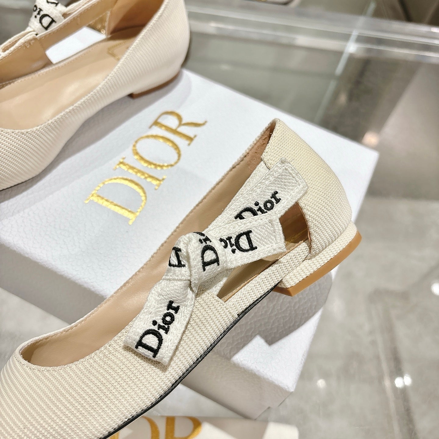 J'Adior Slingback Flat – White Embroidered Cotton with Signature Ribbon