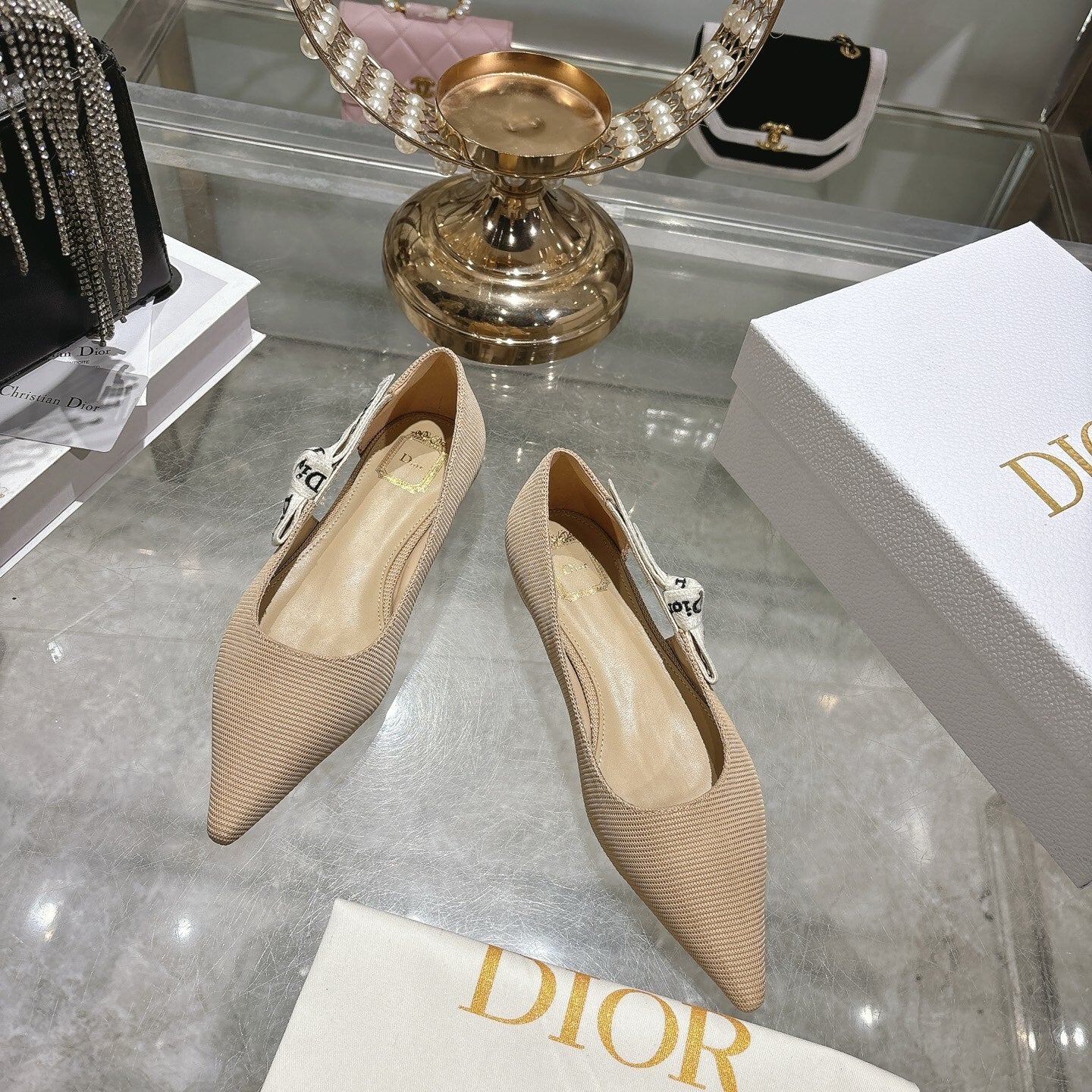 J’Adior Slingback Flat– Nude Technical Fabric with Signature Two-Tone Ribbon