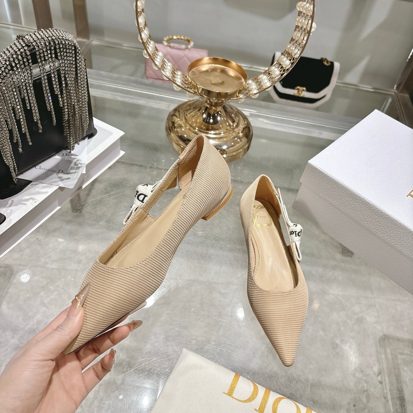 J’Adior Slingback Flat– Nude Technical Fabric with Signature Two-Tone Ribbon