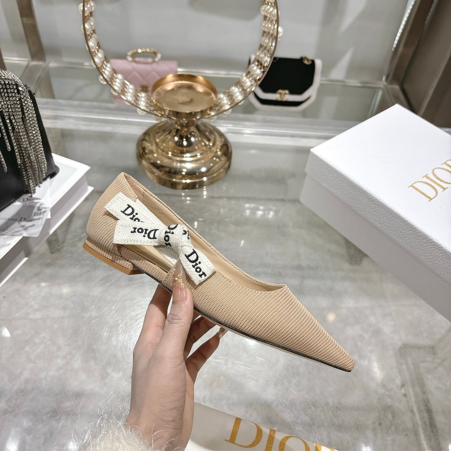 J’Adior Slingback Flat– Nude Technical Fabric with Signature Two-Tone Ribbon