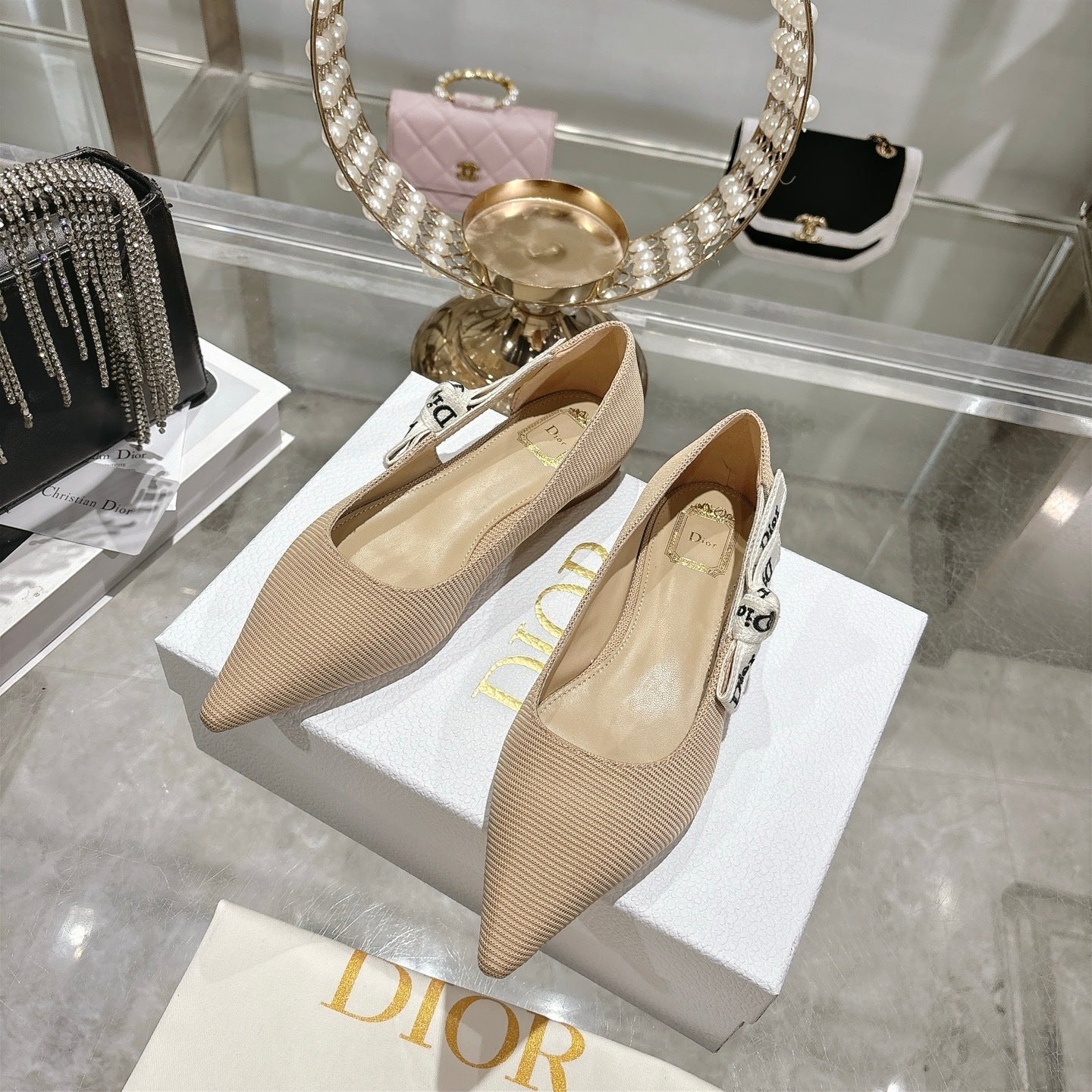 J’Adior Slingback Flat– Nude Technical Fabric with Signature Two-Tone Ribbon