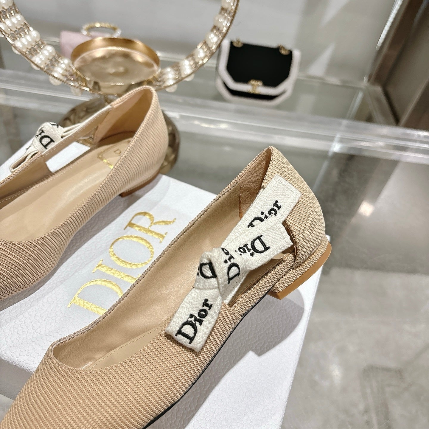 J’Adior Slingback Flat– Nude Technical Fabric with Signature Two-Tone Ribbon