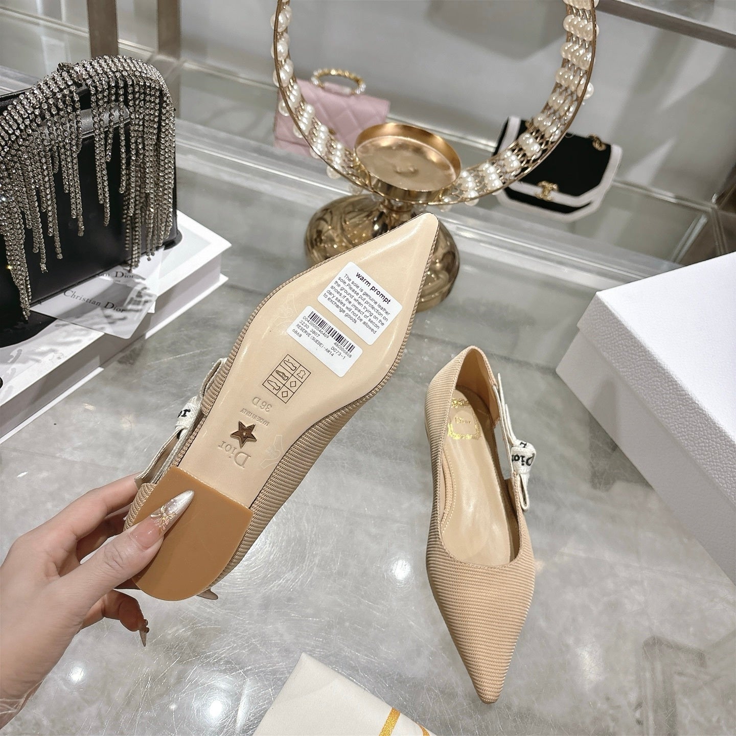 J’Adior Slingback Flat– Nude Technical Fabric with Signature Two-Tone Ribbon