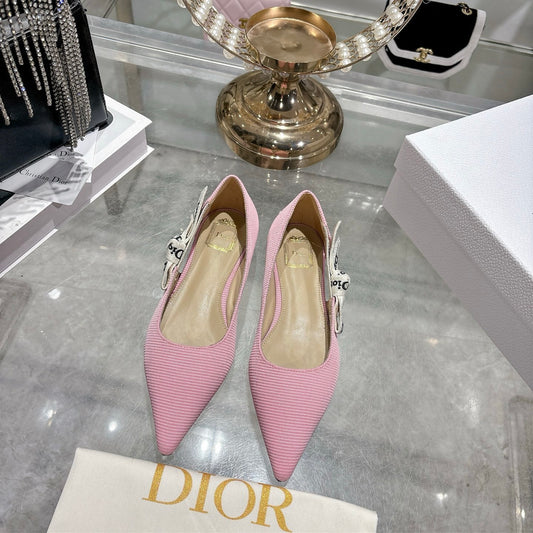 J'Adior Slingback Ballerina Flat – Powder Pink Woven Technical Fabric with Embroidered Ribbon Strap