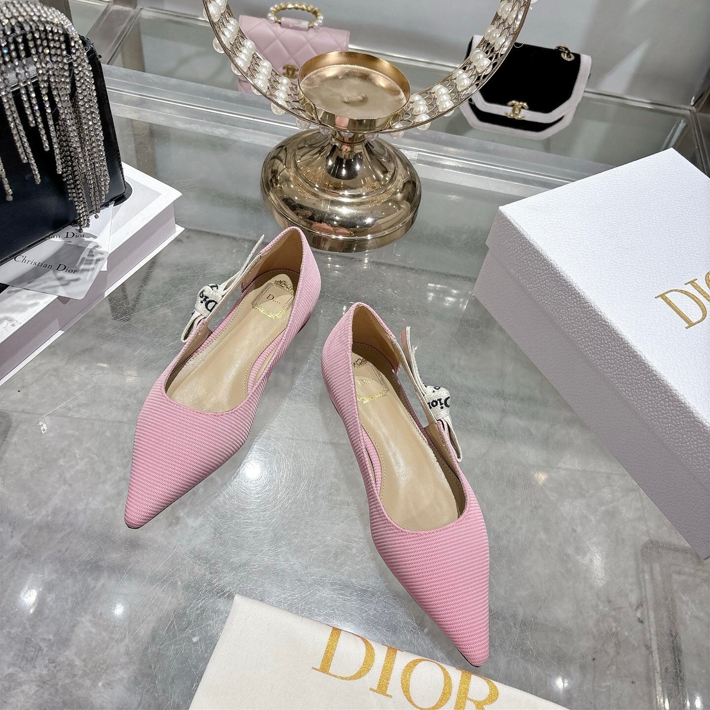 J'Adior Slingback Ballerina Flat – Powder Pink Woven Technical Fabric with Embroidered Ribbon Strap