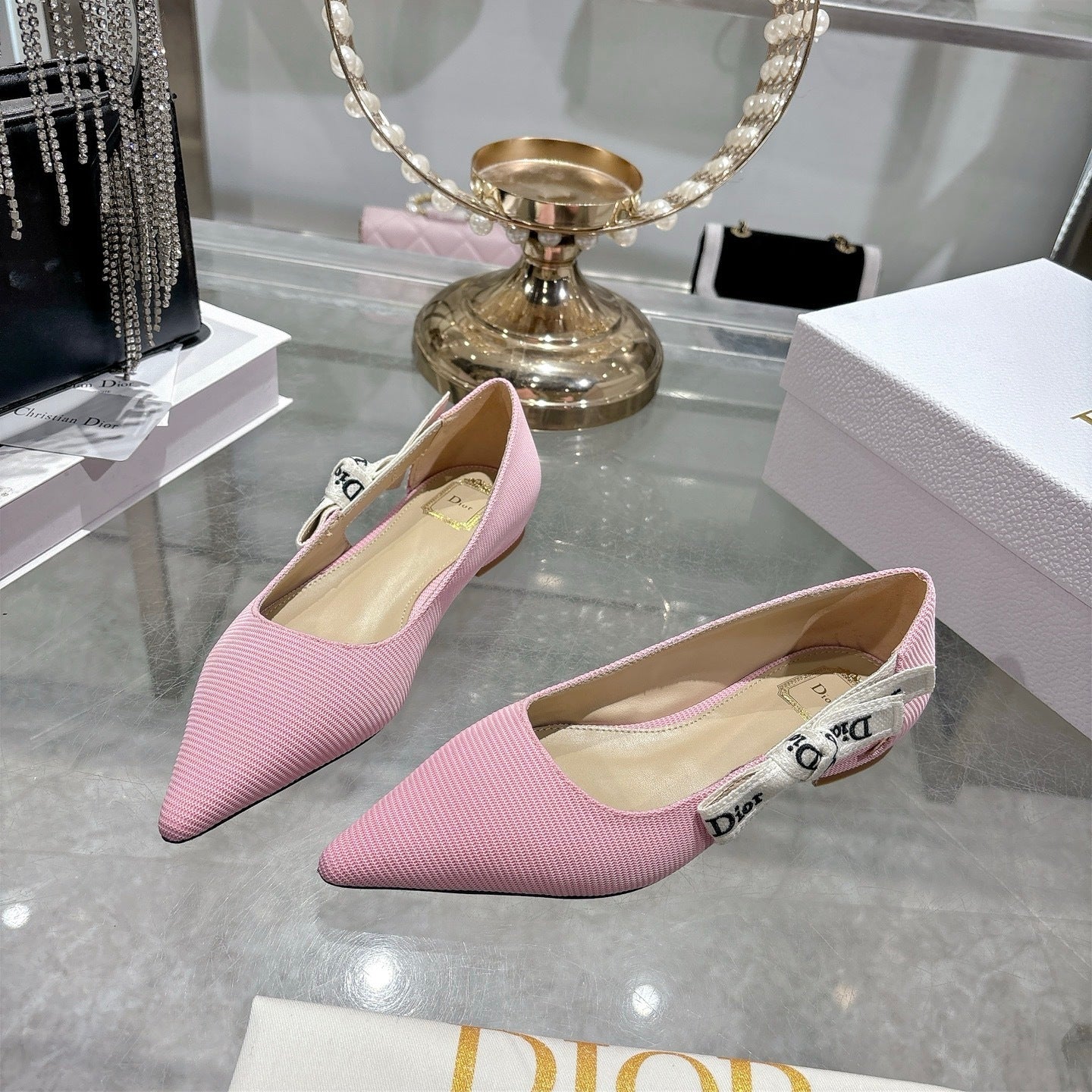 J'Adior Slingback Ballerina Flat – Powder Pink Woven Technical Fabric with Embroidered Ribbon Strap