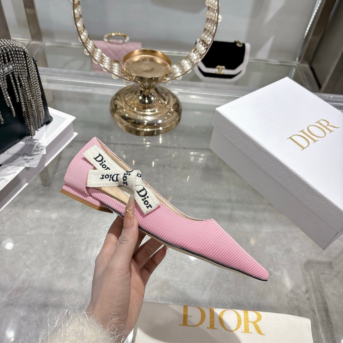 J'Adior Slingback Ballerina Flat – Powder Pink Woven Technical Fabric with Embroidered Ribbon Strap