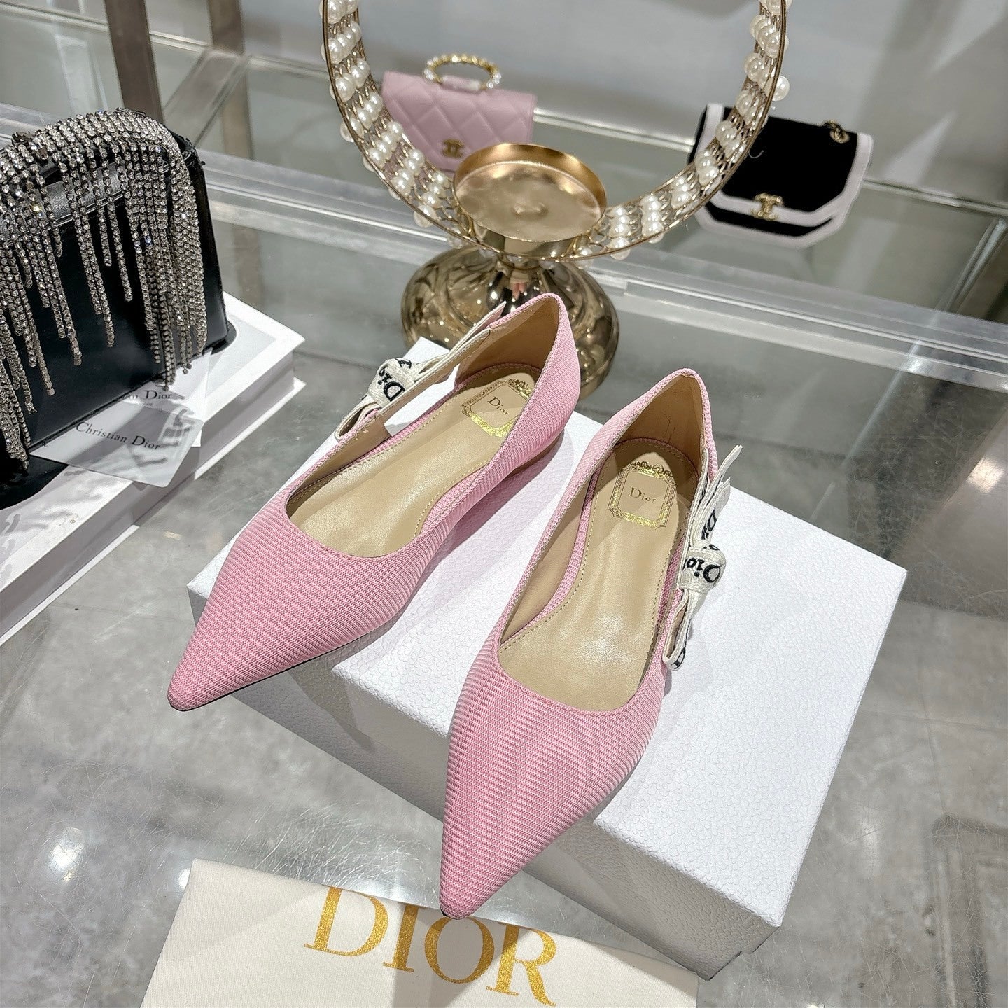 J'Adior Slingback Ballerina Flat – Powder Pink Woven Technical Fabric with Embroidered Ribbon Strap