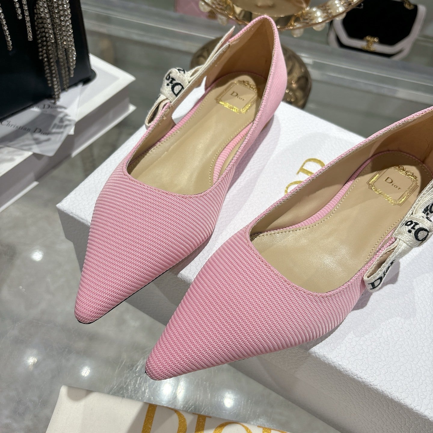 J'Adior Slingback Ballerina Flat – Powder Pink Woven Technical Fabric with Embroidered Ribbon Strap