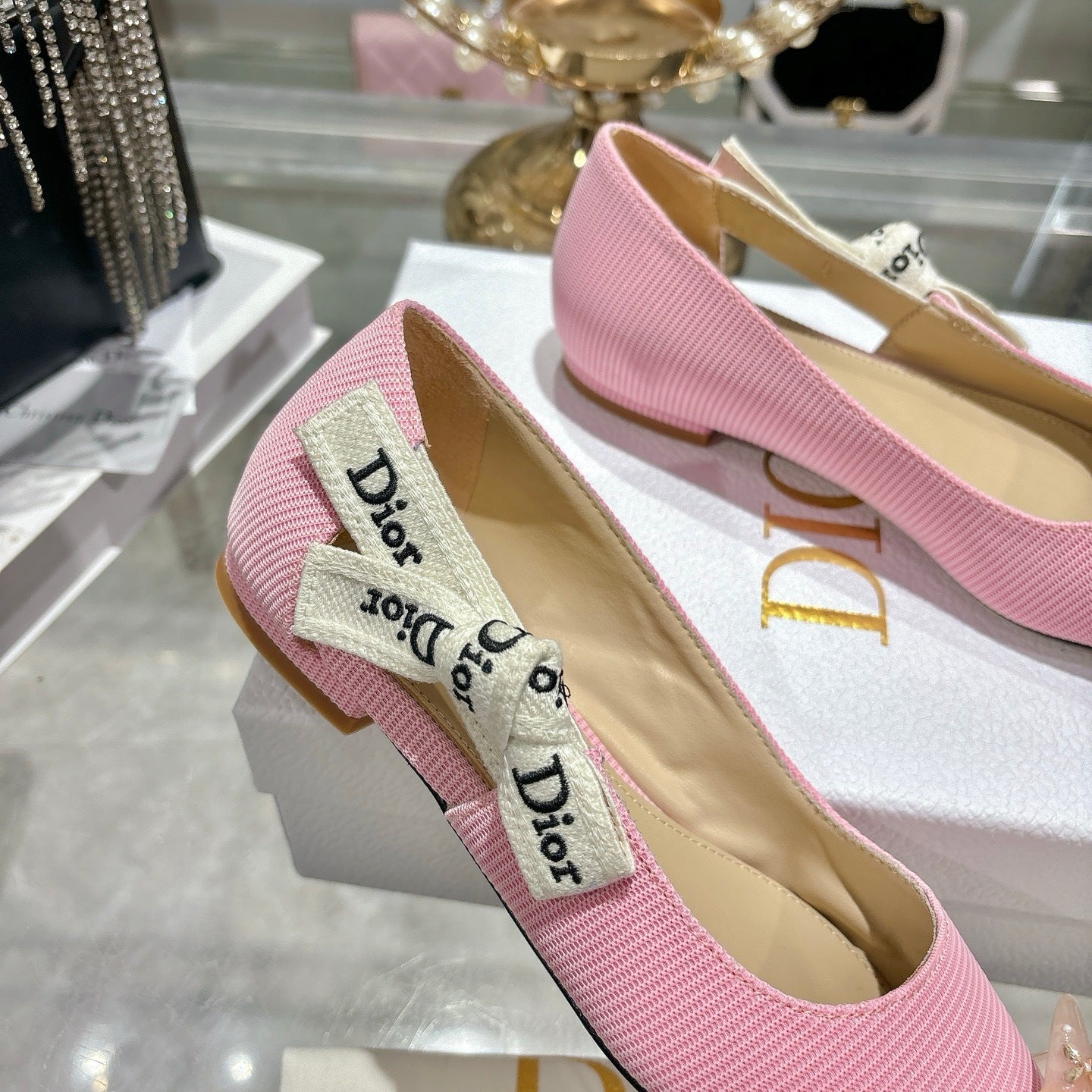 J'Adior Slingback Ballerina Flat – Powder Pink Woven Technical Fabric with Embroidered Ribbon Strap